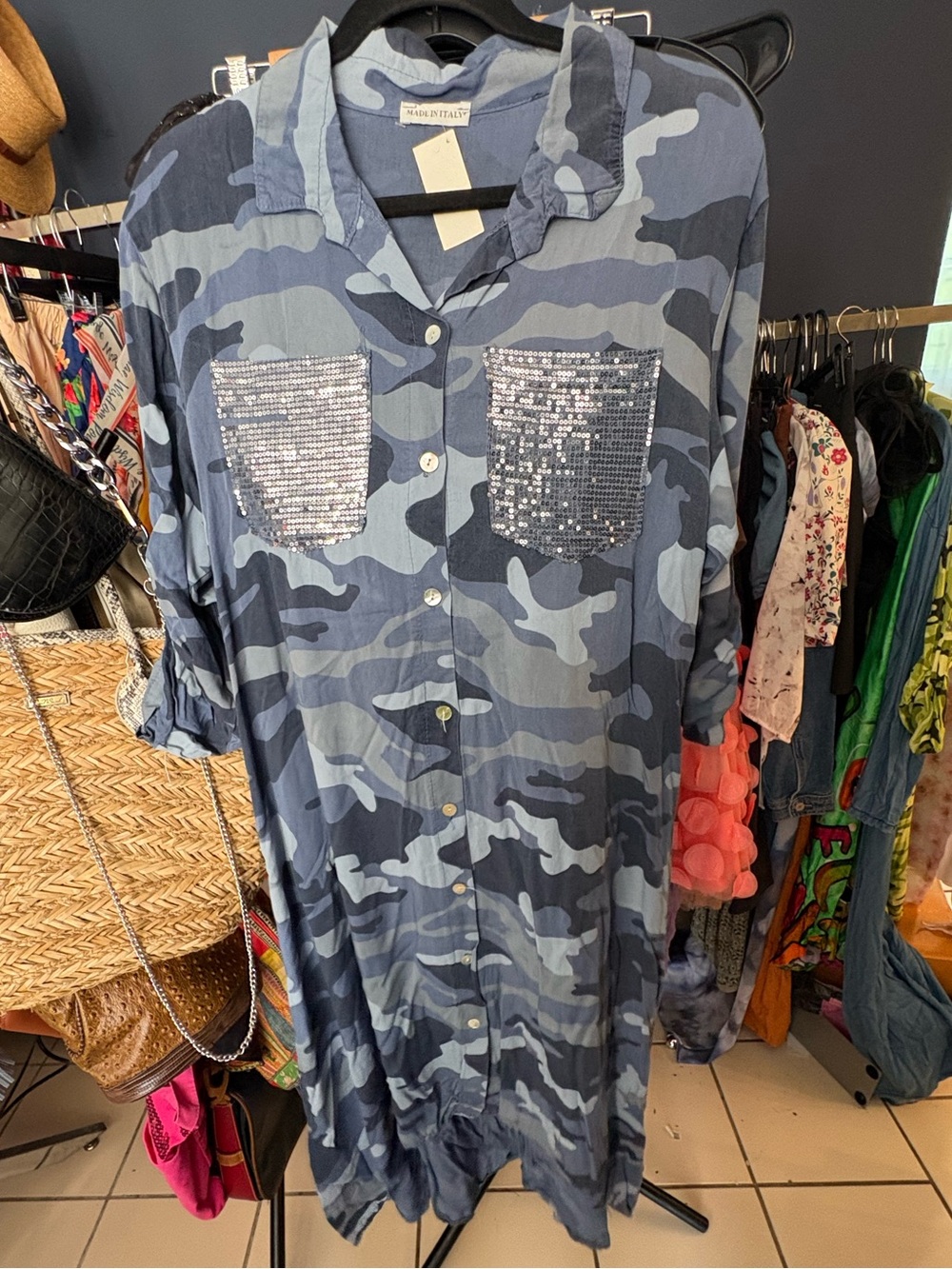 Made in Italy Blue Camo Sequin Pocket Maxi Dress. One Size.